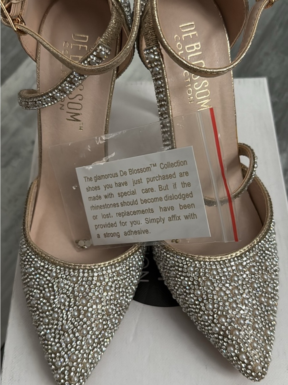 De Blossom Collection Gold Crystal-Embellished Pointed-Toe Ankle Strap Heels
